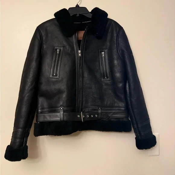 Frye Black Leather Jacket with genuine shearling trim - Picture 6 of 9